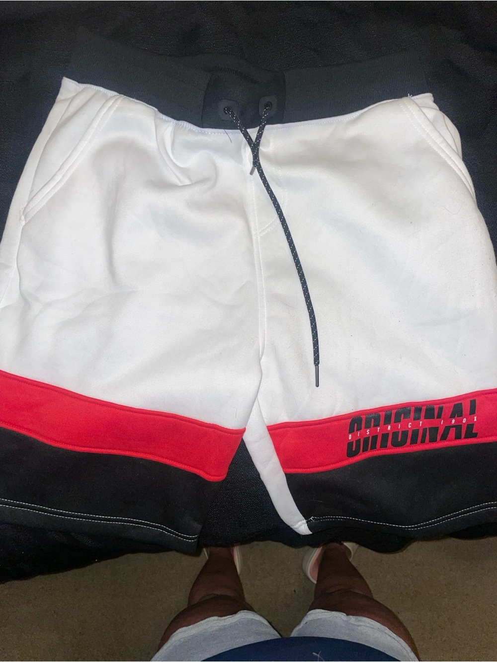 Men's White Athletic Shorts with Red & Black Colorblock Trim